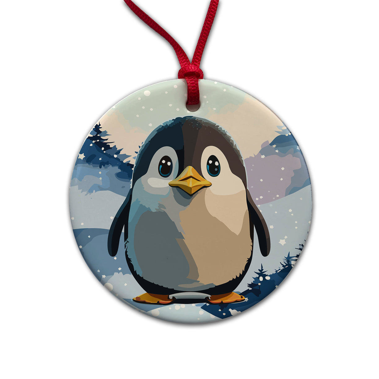 Penguin Staring Round Ceramic Holiday Christmas Tree Ornament