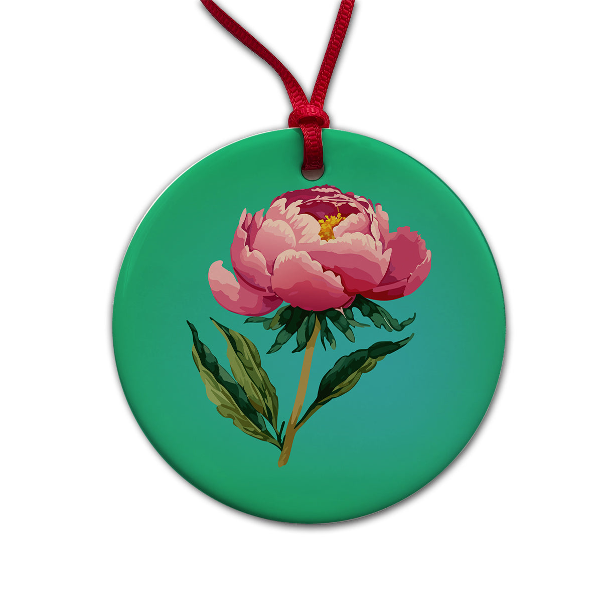 Peony Pink Flower Watercolor Round Ceramic Holiday Christmas Tree Ornament
