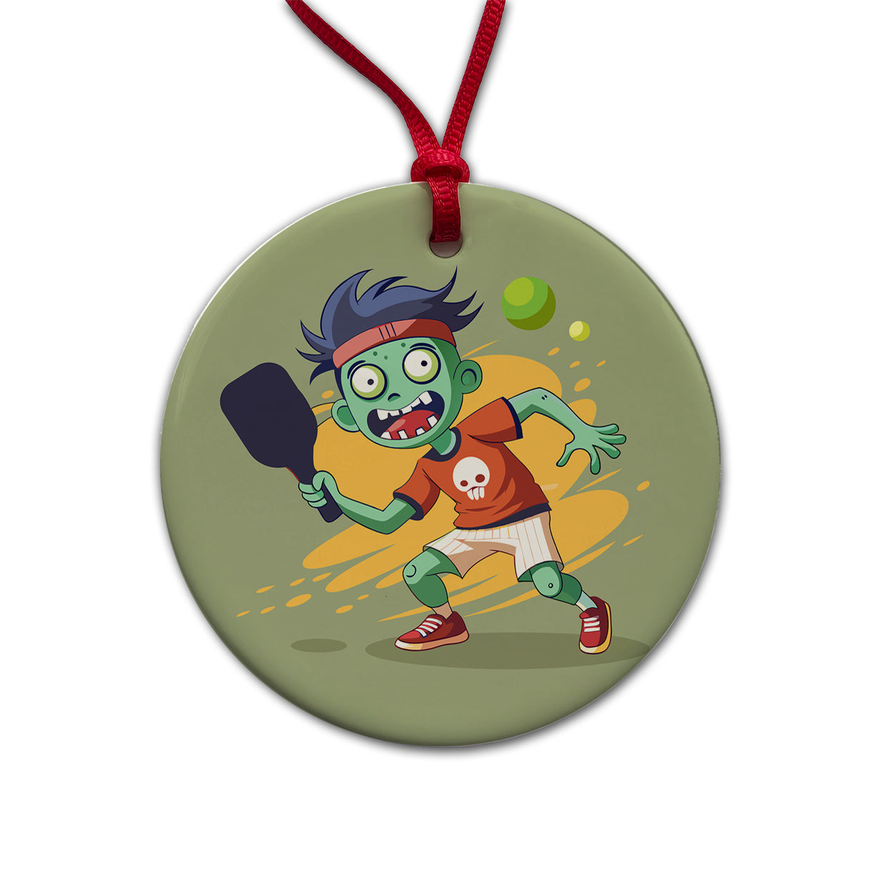 Pickleball Zombie Round Ceramic Holiday Christmas Tree Ornament