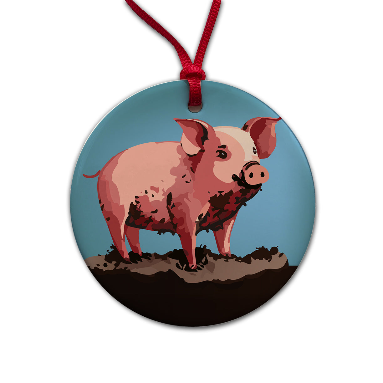 Pig in Mud Round Ceramic Holiday Christmas Tree Ornament
