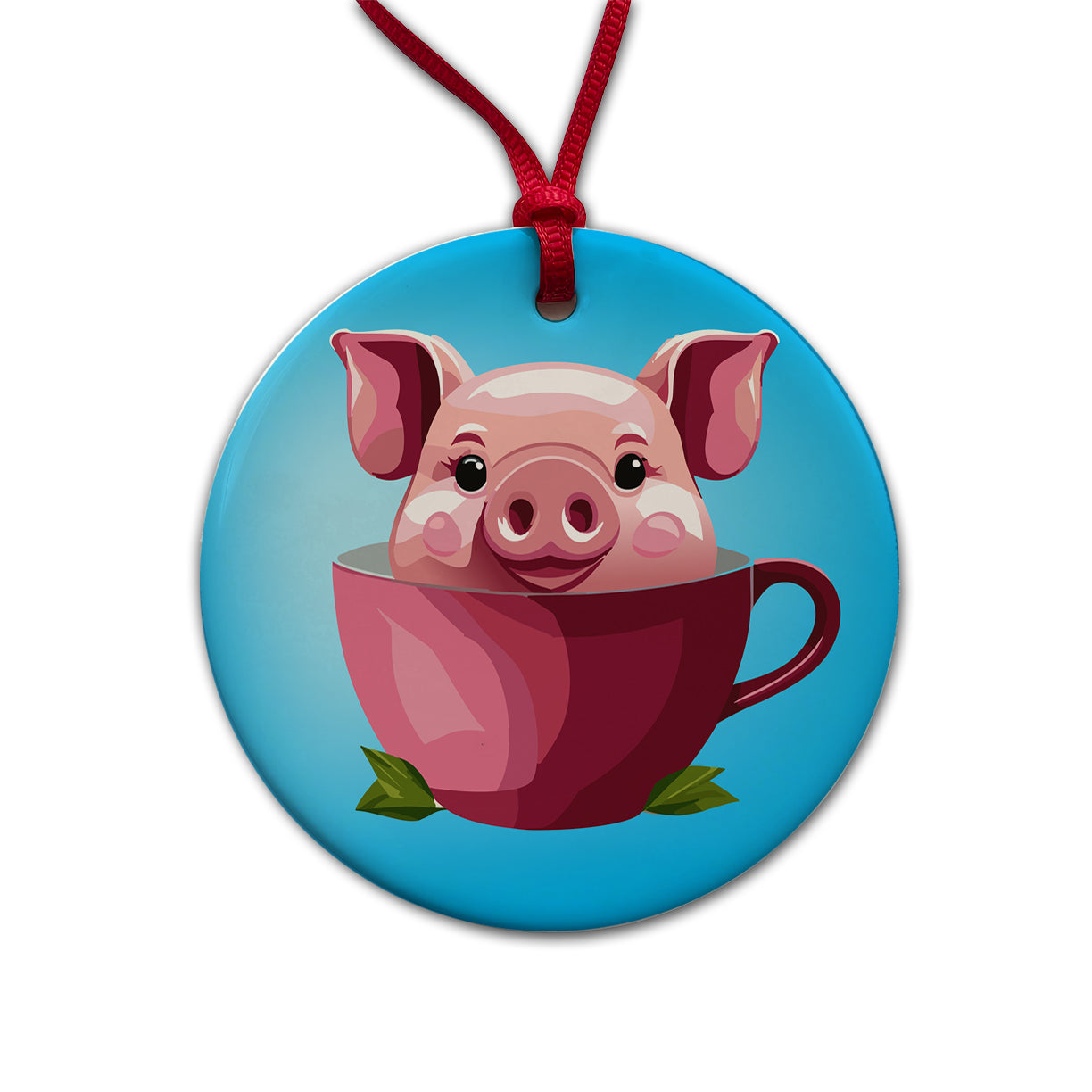Pig Teacup Round Ceramic Holiday Christmas Tree Ornament