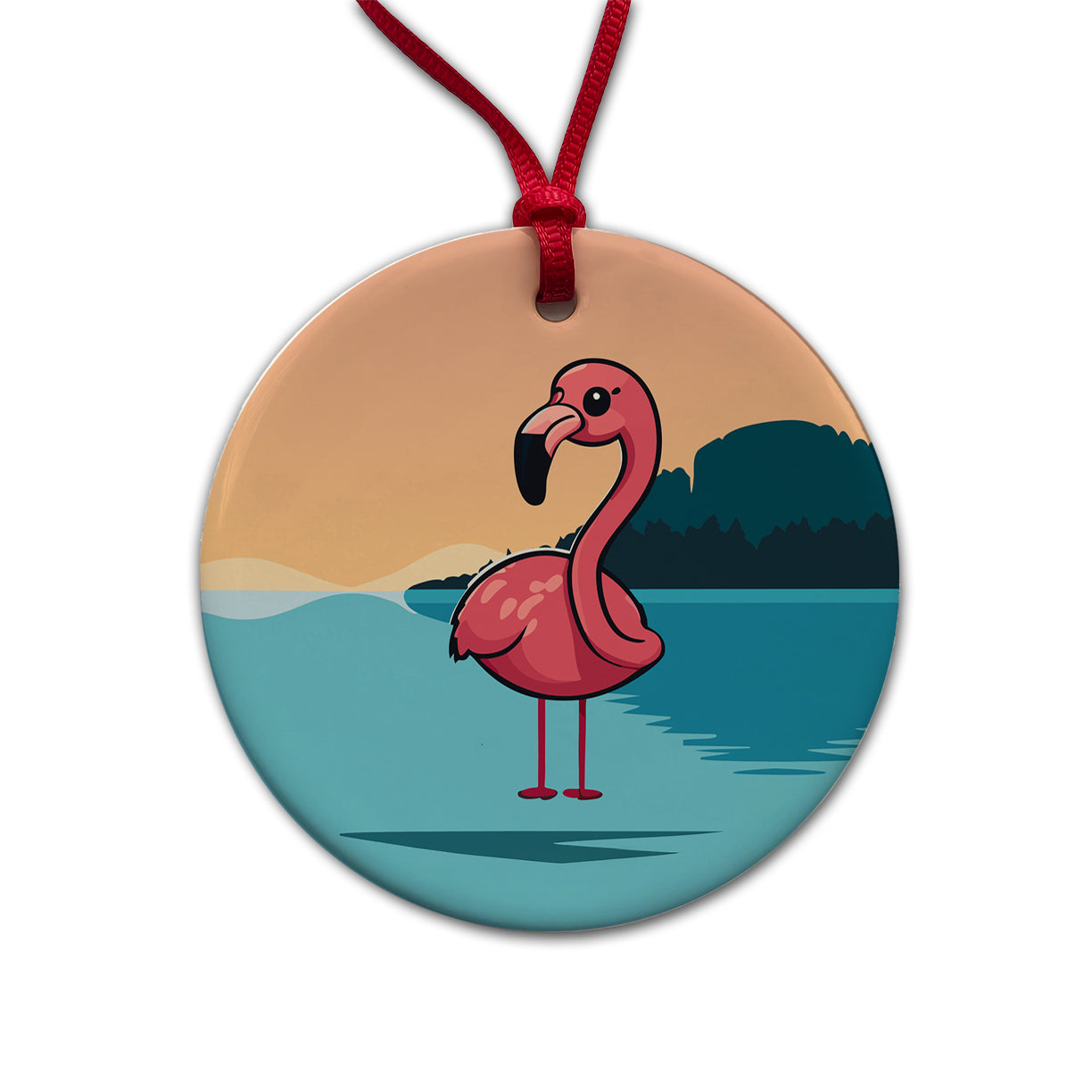 Pink Flamingo Sweet Round Ceramic Holiday Christmas Tree Ornament