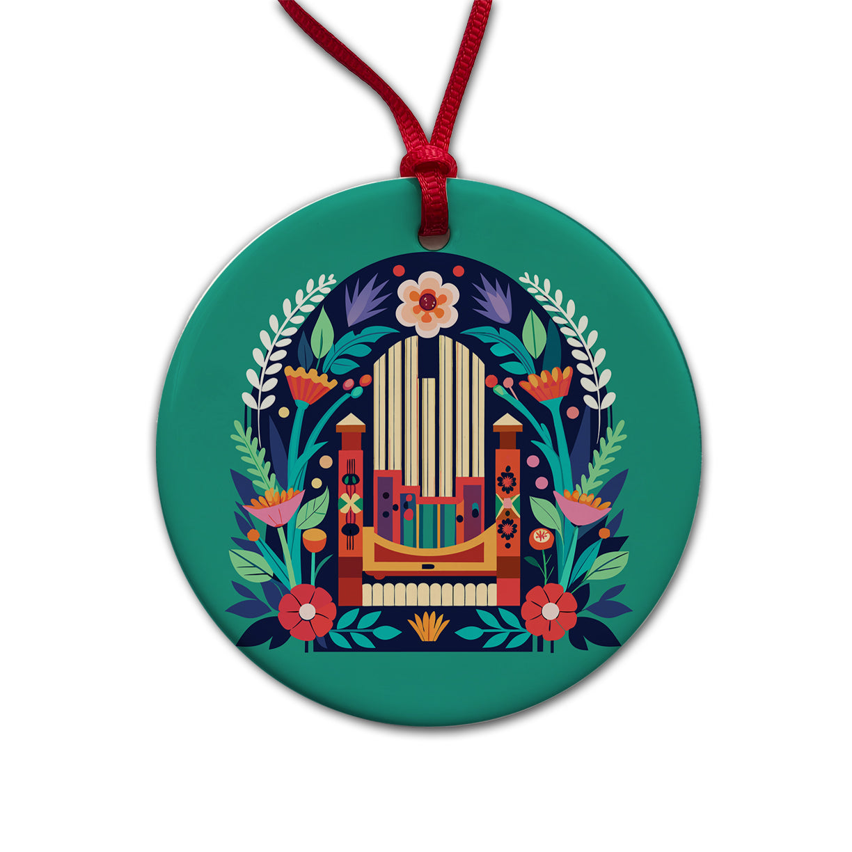 Pipe Organ Music Floral Motif Round Ceramic Holiday Christmas Tree Ornament