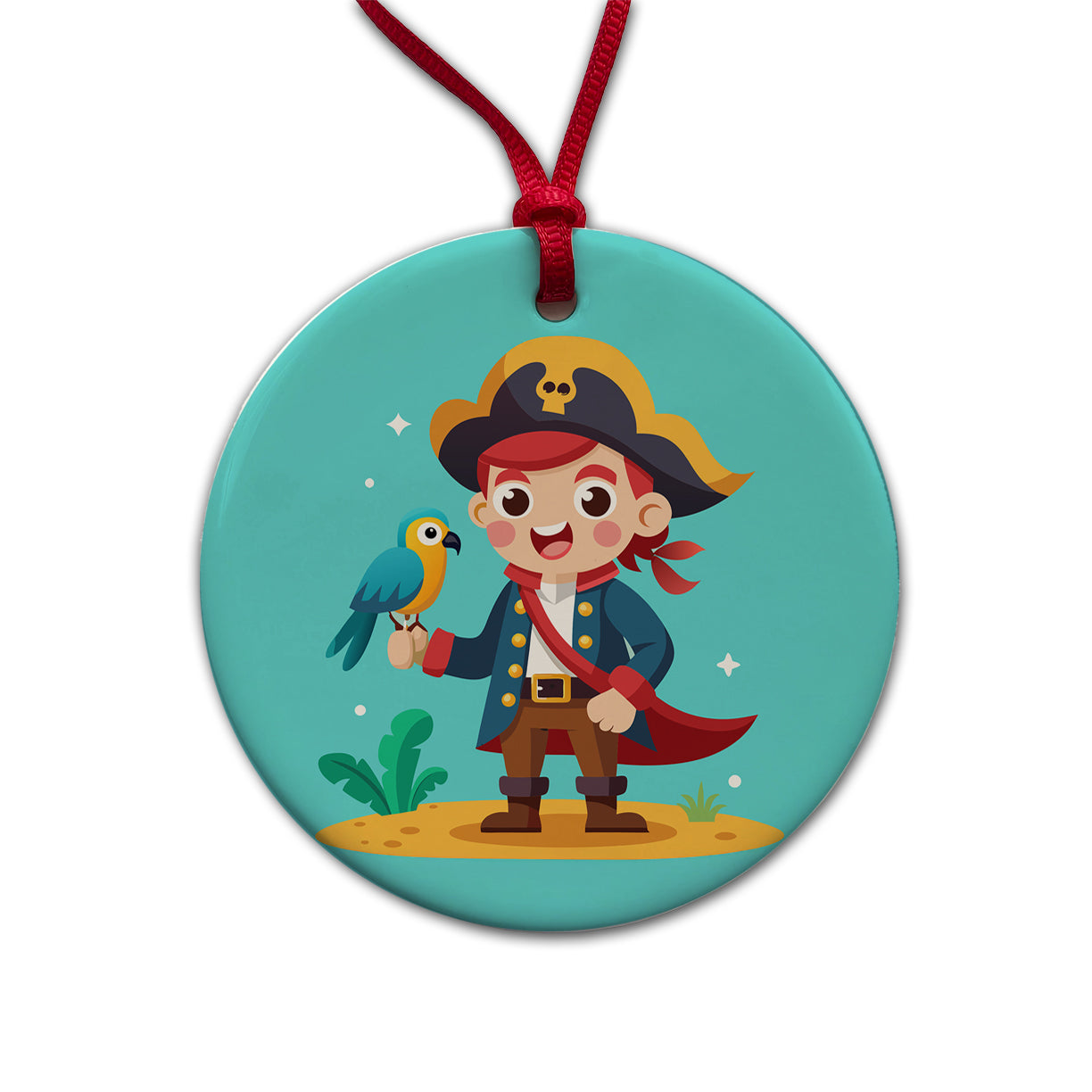 Pirate with Parrot Cute Round Ceramic Holiday Christmas Tree Ornament