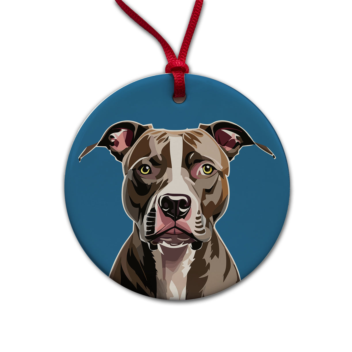 Pit Bull Dog Face Staring Round Ceramic Holiday Christmas Tree Ornament