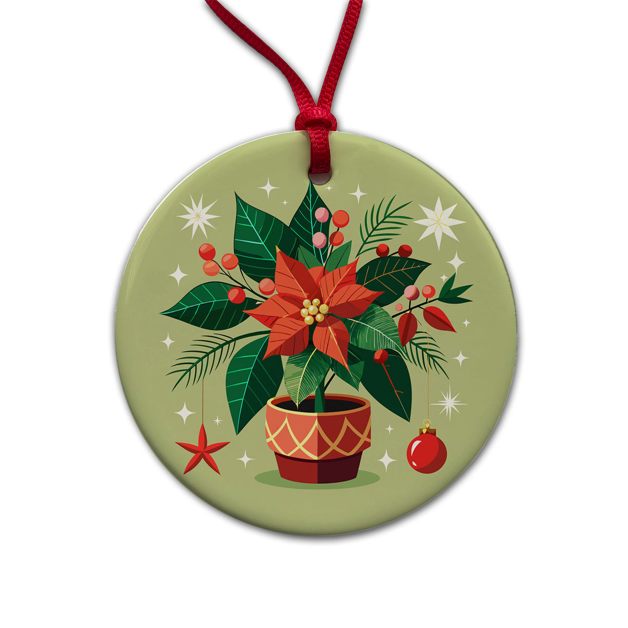 Poinsettia Plant Christmas Beautiful Round Ceramic Holiday Christmas Tree Ornament