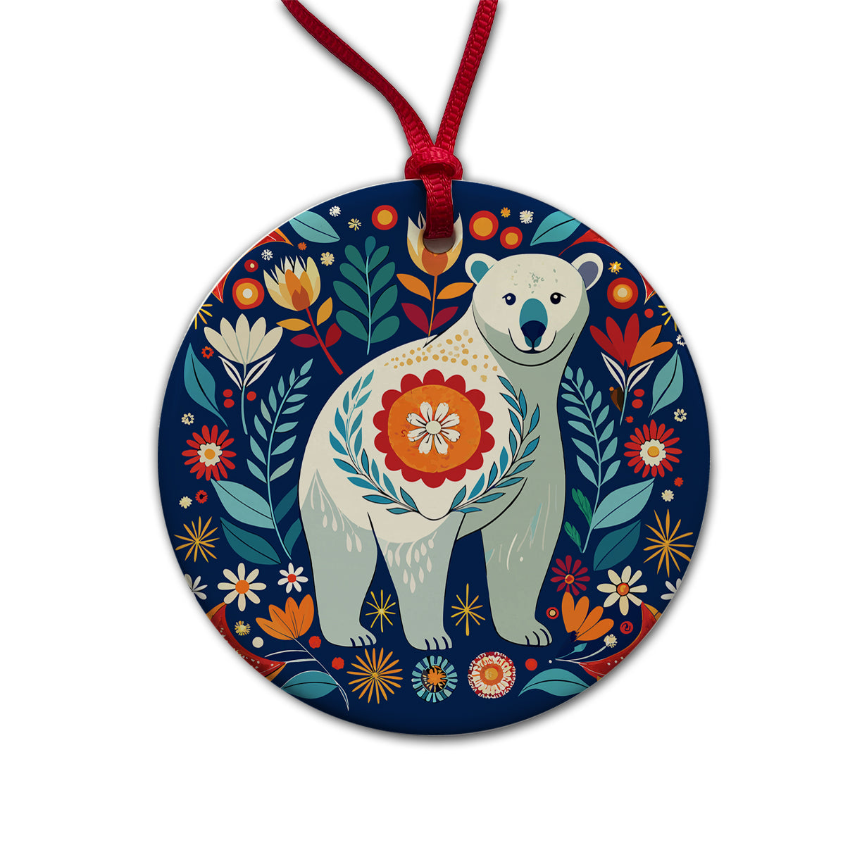 Polar Bear Floral Motif Round Ceramic Holiday Christmas Tree Ornament