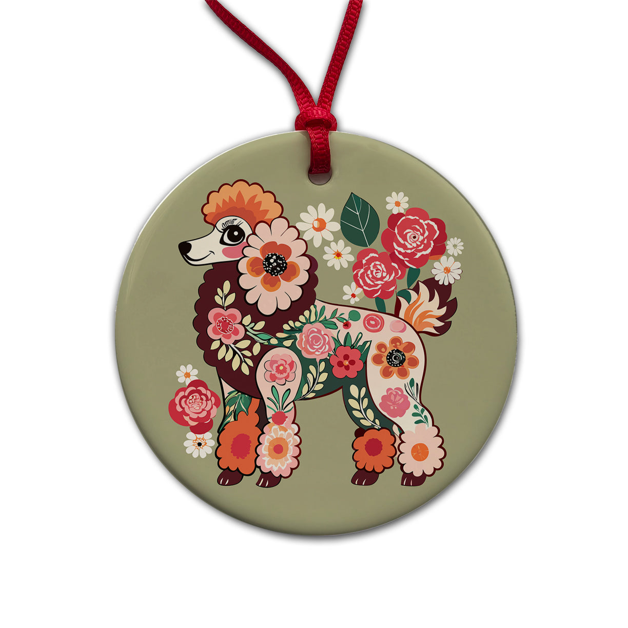 Poodle Dog Floral Motif Round Ceramic Holiday Christmas Tree Ornament