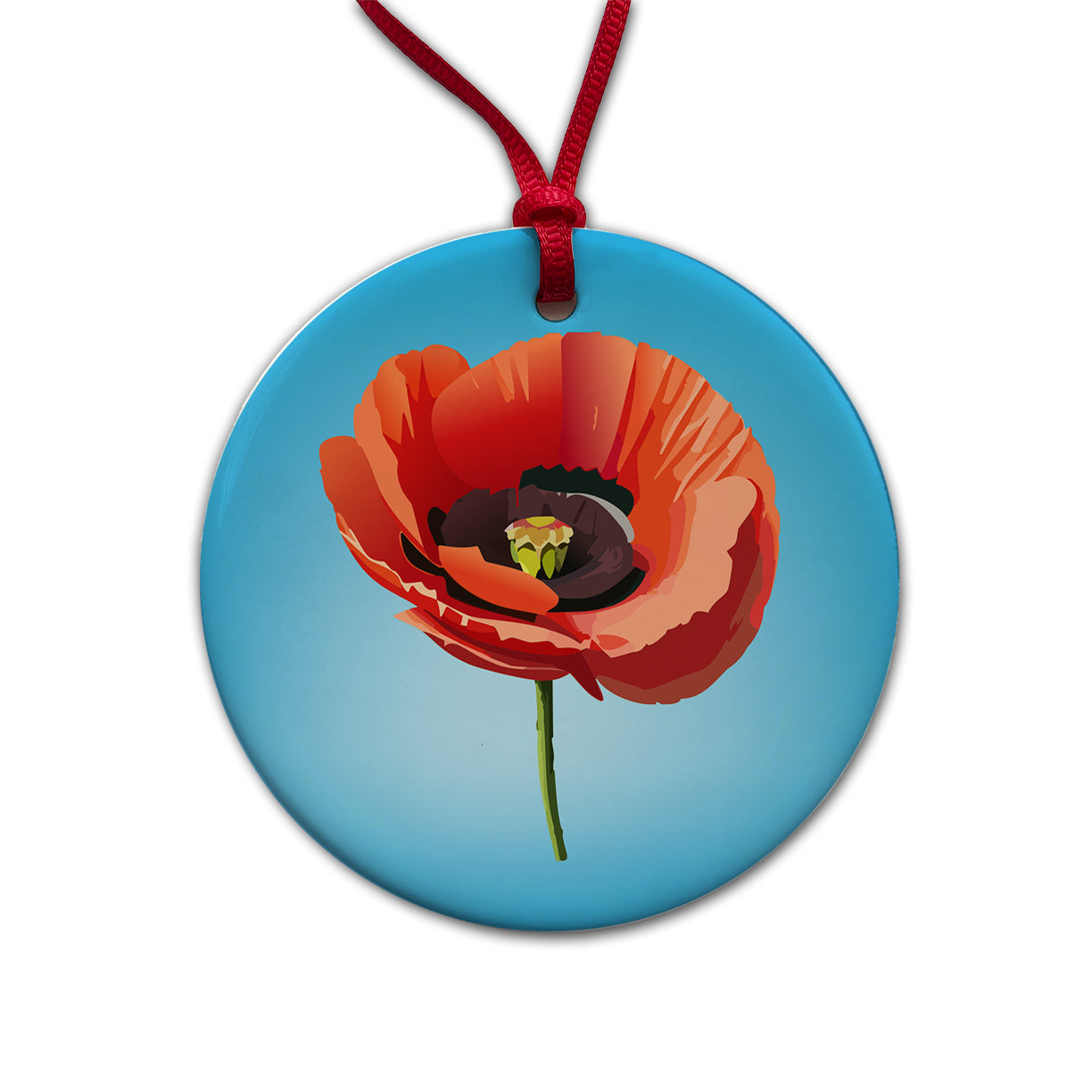 Poppy Flower Red Round Ceramic Holiday Christmas Tree Ornament