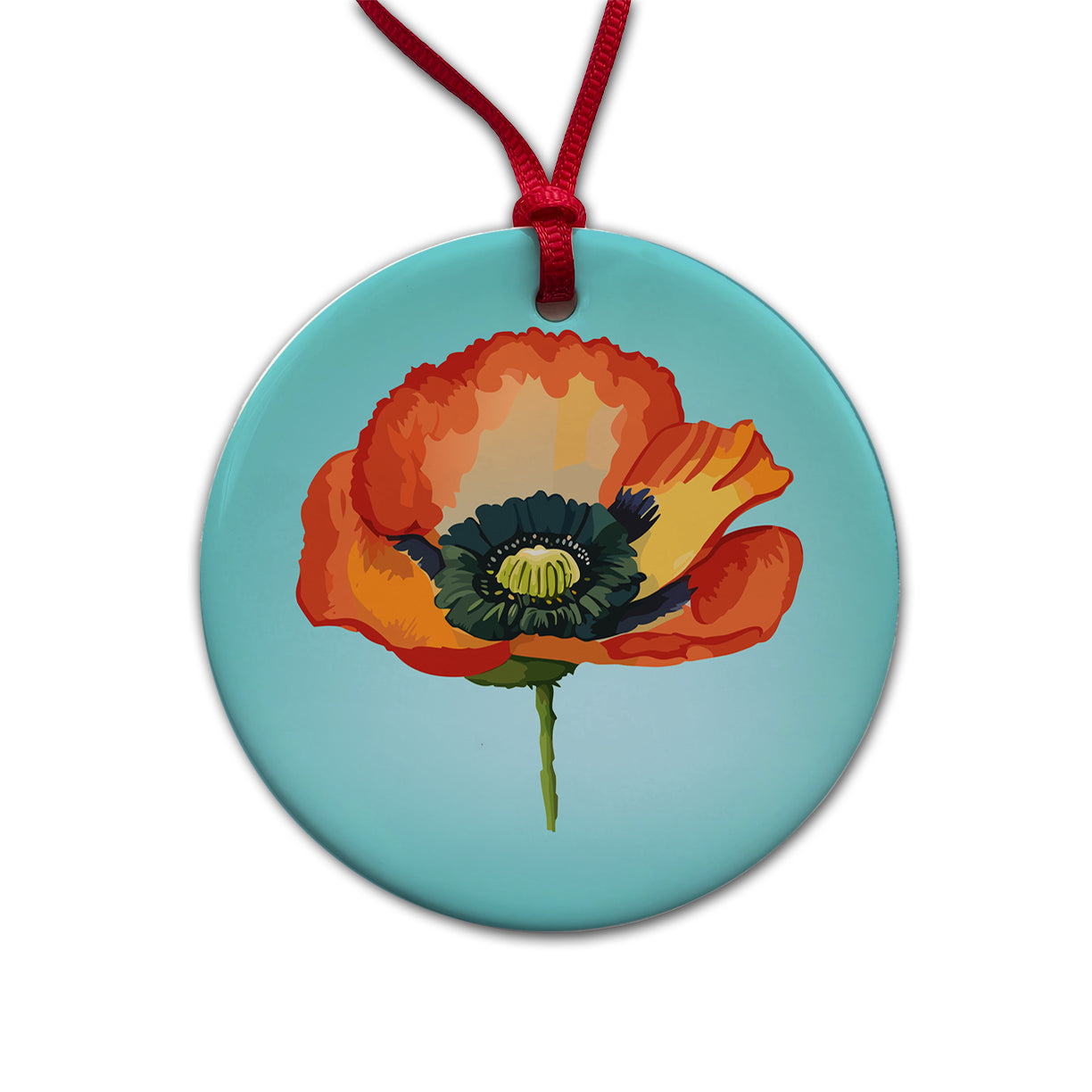 Poppy Icelandic Orange Flower Watercolor Round Ceramic Holiday Christmas Tree Ornament
