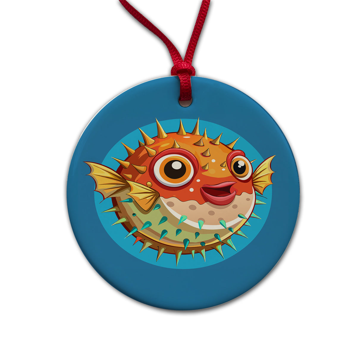Pufferfish Cute Round Ceramic Holiday Christmas Tree Ornament