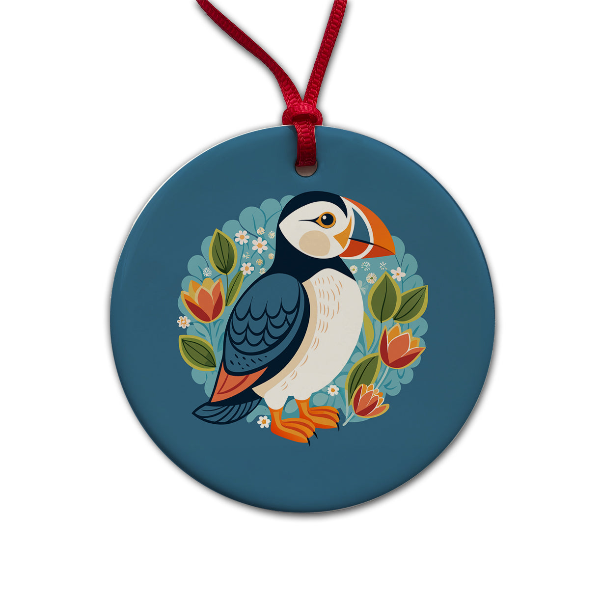 Puffin Bird Floral Flowers Round Ceramic Holiday Christmas Tree Ornament