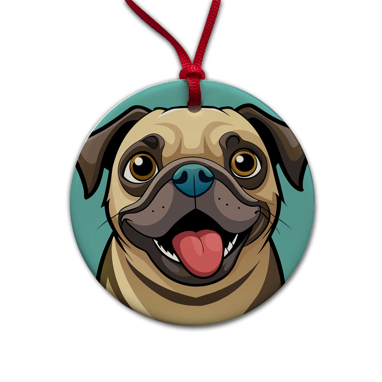 Pug Cute Sticking out Tongue Round Ceramic Holiday Christmas Tree Ornament