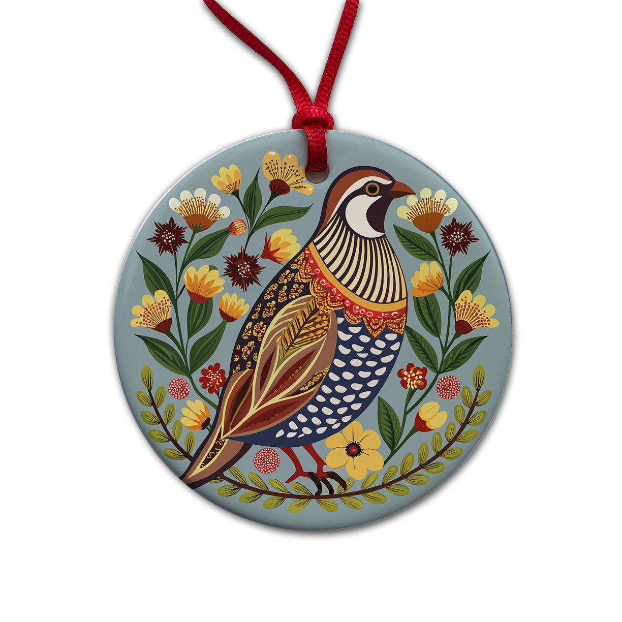 Quail Bird Floral Flowers Round Ceramic Holiday Christmas Tree Ornament