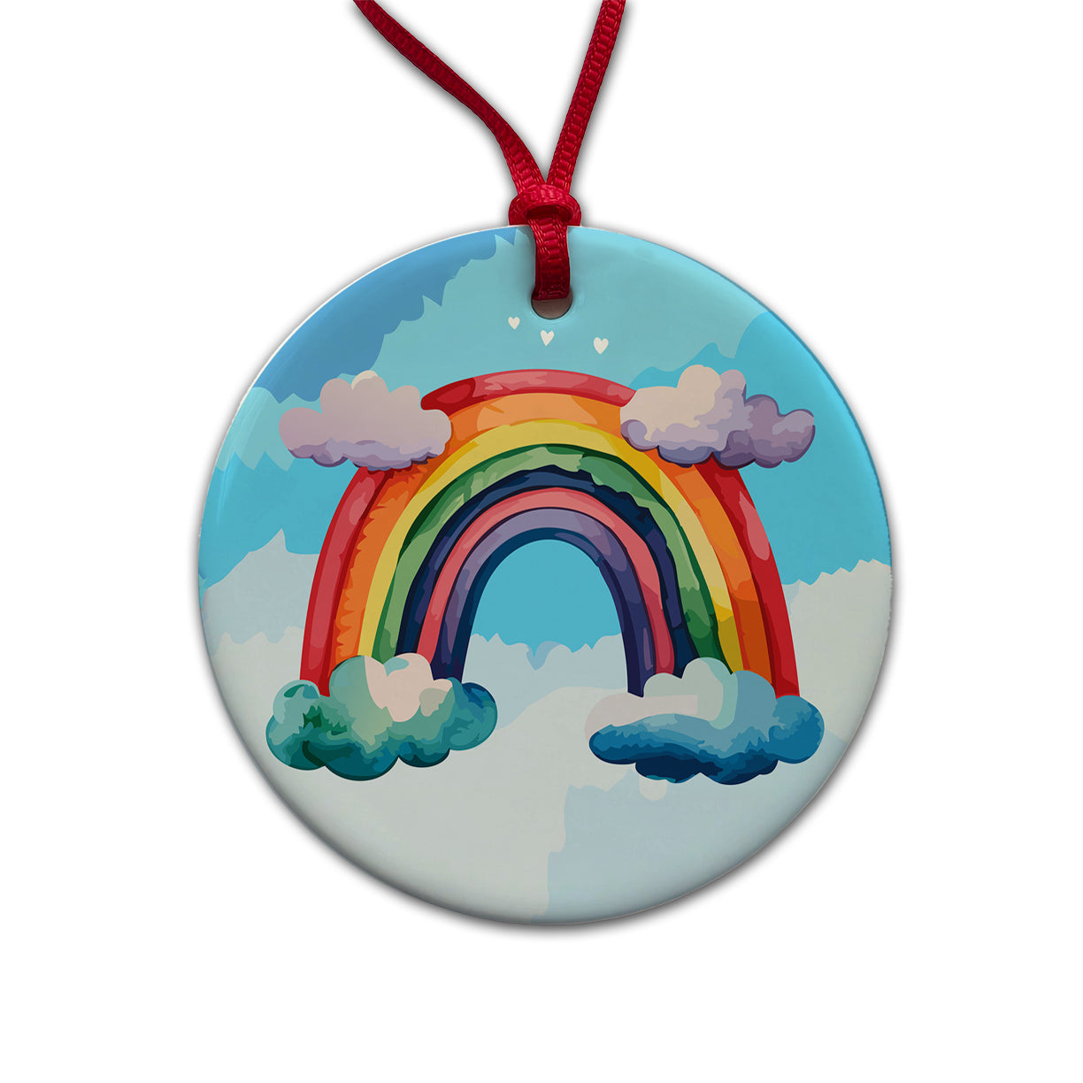 Rainbow and Clouds Watercolor Round Ceramic Holiday Christmas Tree Ornament