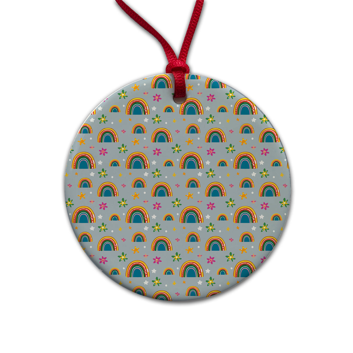 Rainbows and Stars Pattern Round Ceramic Holiday Christmas Tree Ornament