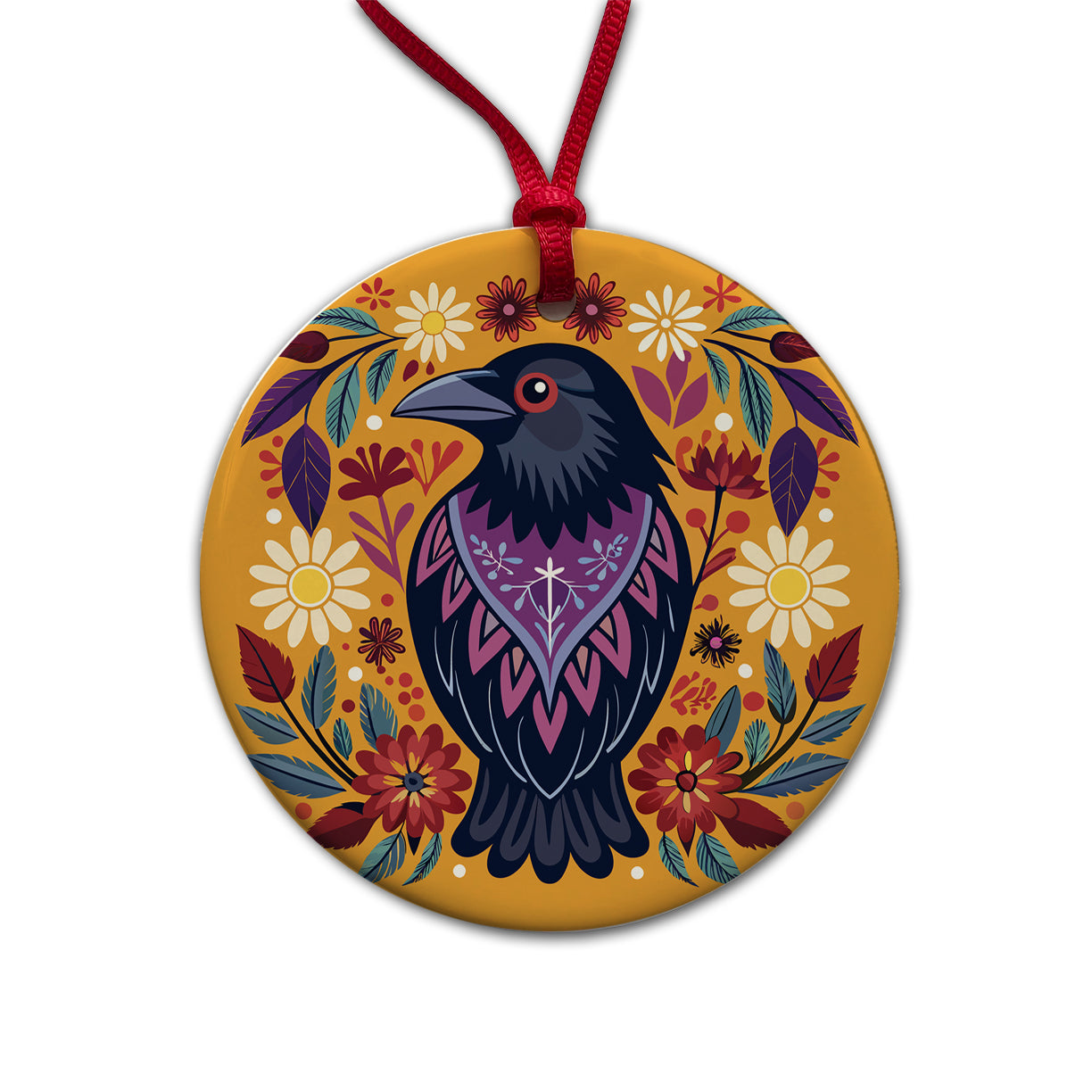 Raven Bird Floral Flowers Round Ceramic Holiday Christmas Tree Ornament