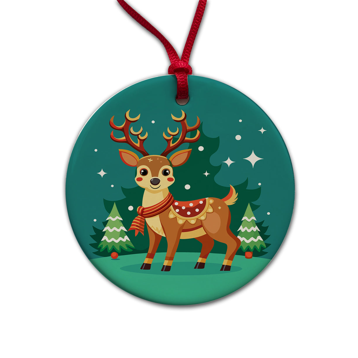 Reindeer Wearing Scarf Christmas Cute Round Ceramic Holiday Christmas Tree Ornament