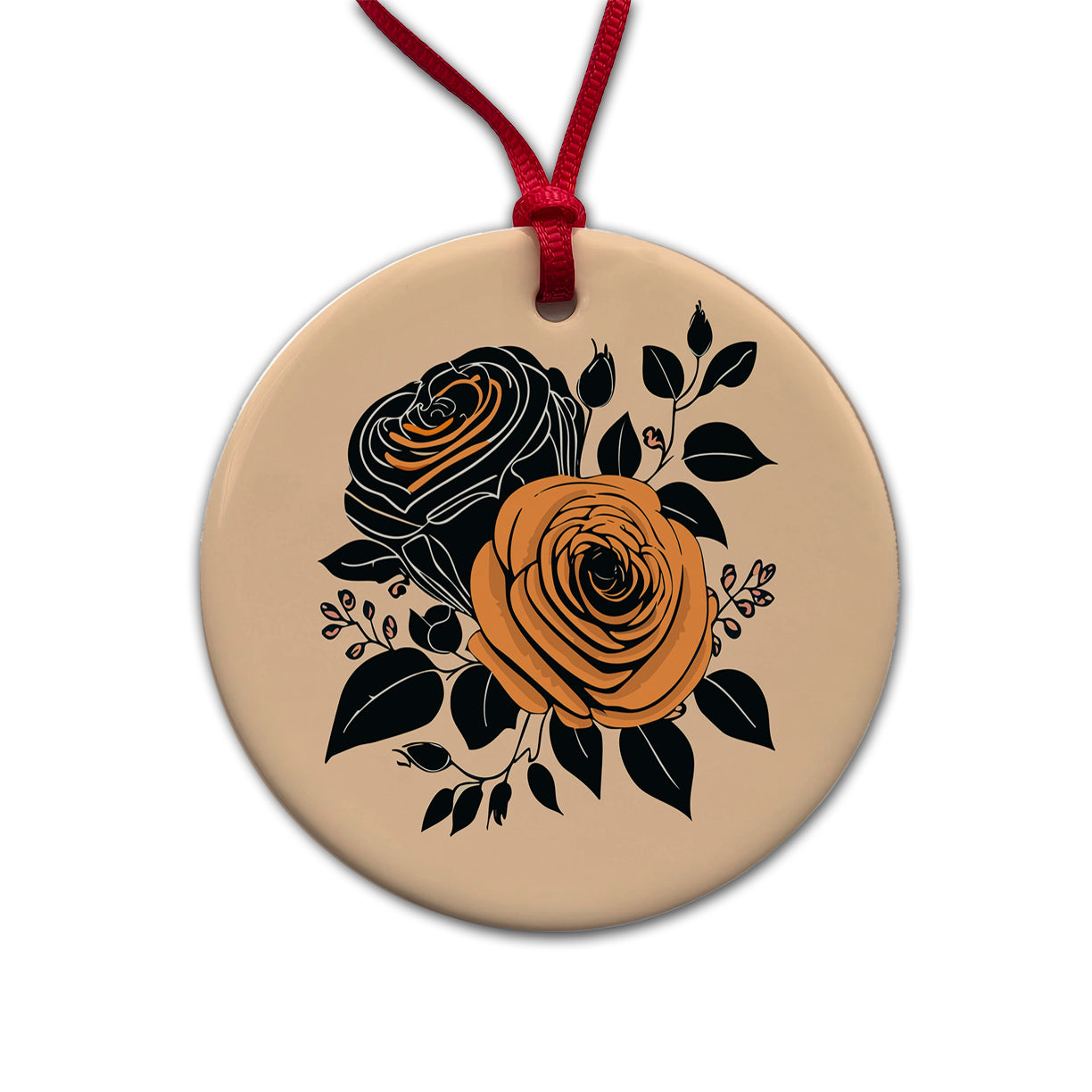 Roses Black Orange Fall Autumn Thanksgiving Halloween Motif Round Ceramic Holiday Christmas Tree Ornament