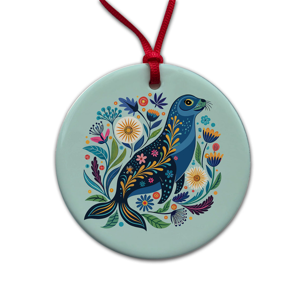 Sea Lion Floral Flowers Round Ceramic Holiday Christmas Tree Ornament