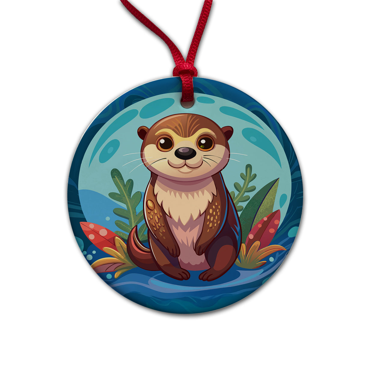 Sea Otter Cute Round Ceramic Holiday Christmas Tree Ornament