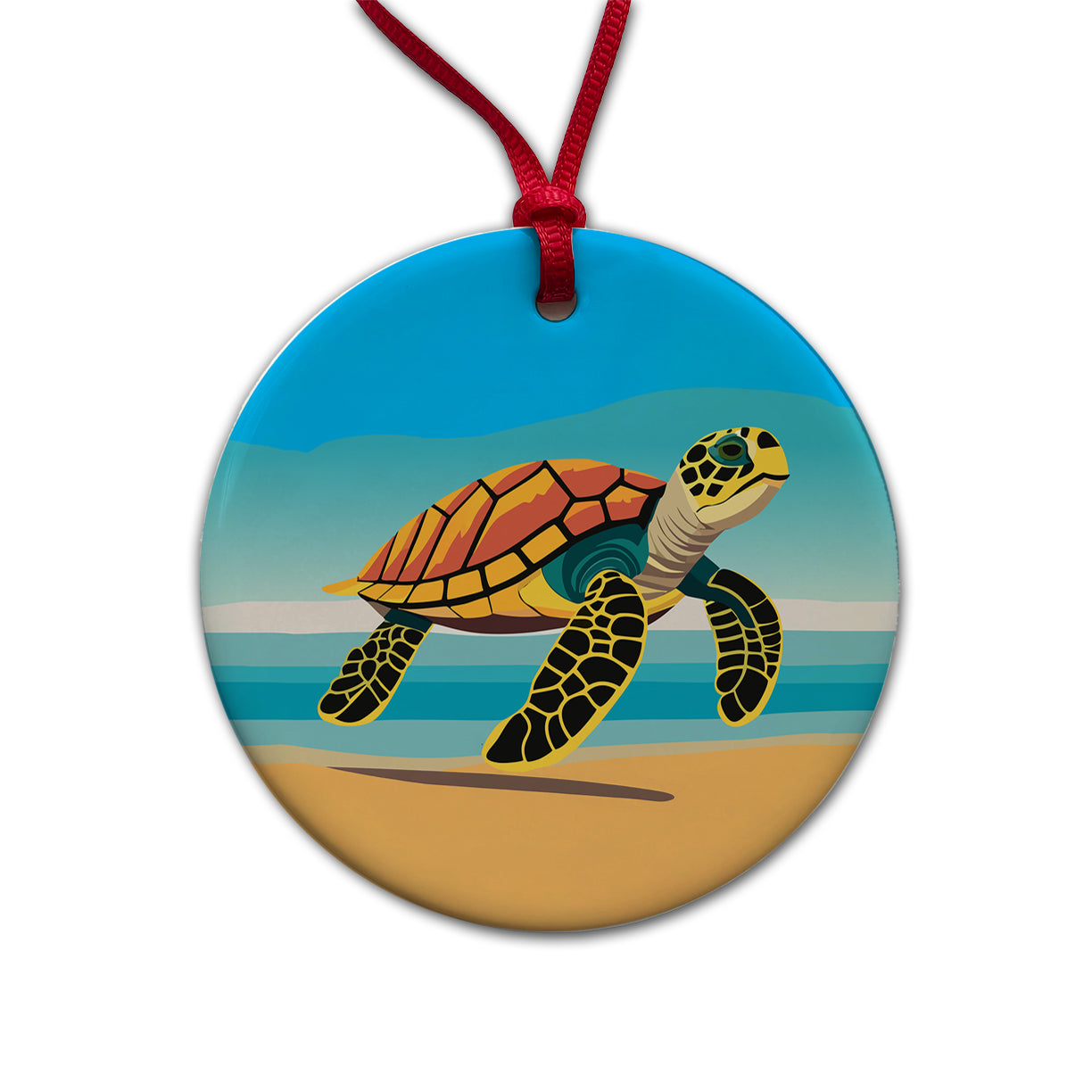 Sea Turtle Swimming Round Ceramic Holiday Christmas Tree Ornament