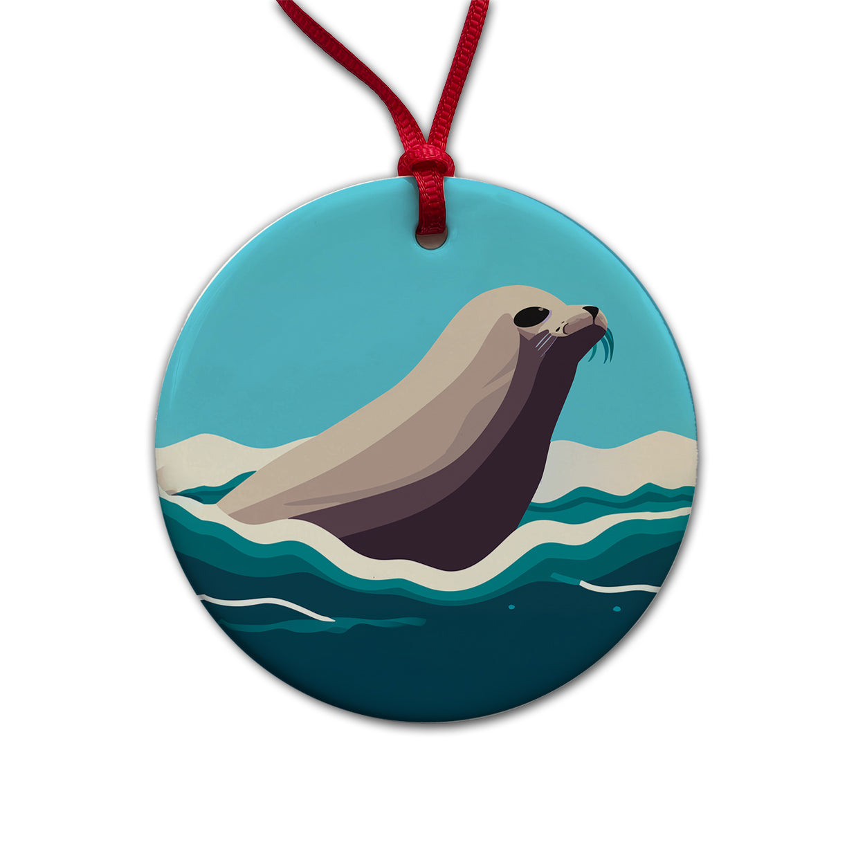 Seal Swimming in Ocean Sea Round Ceramic Holiday Christmas Tree Ornament