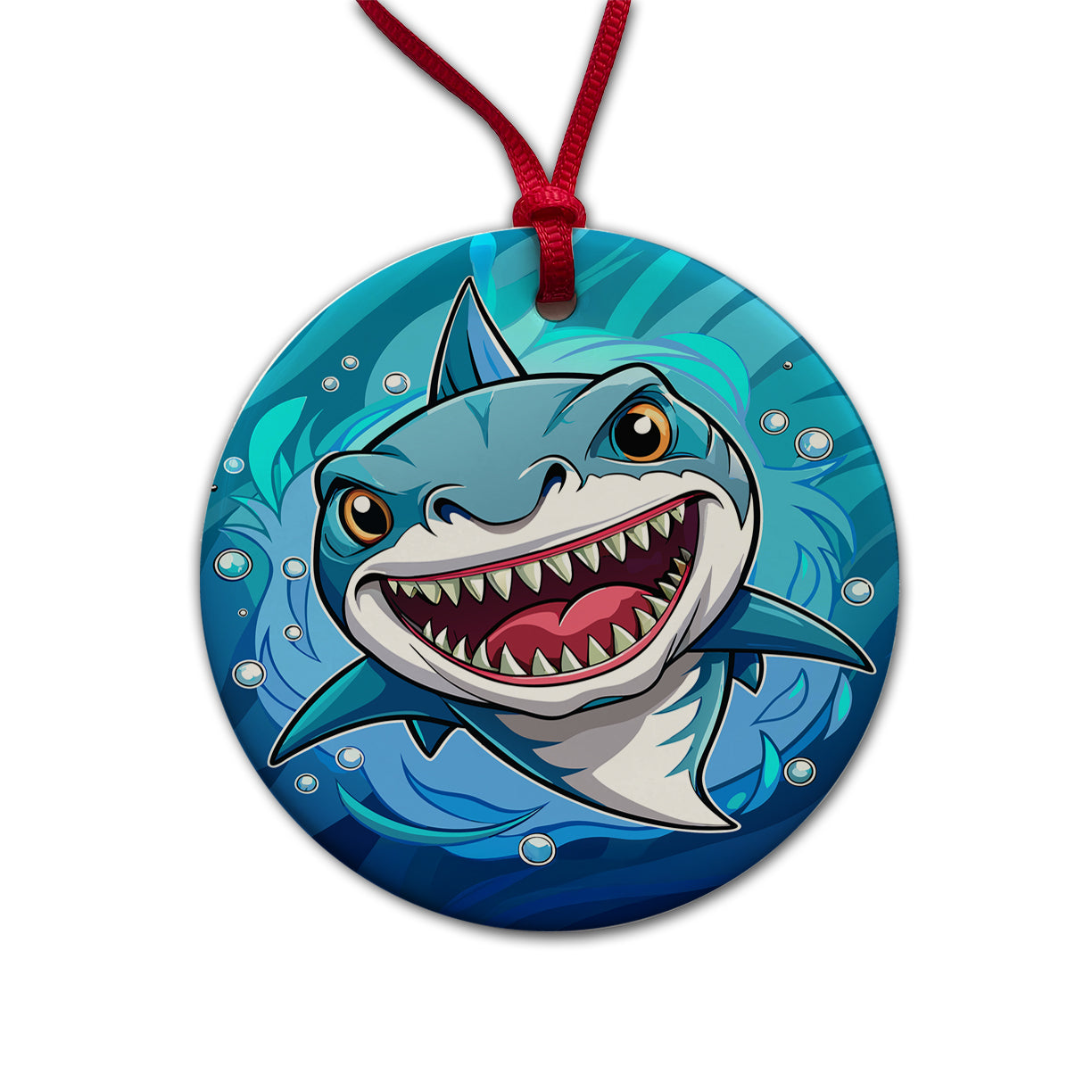 Shark in Ocean Scary Round Ceramic Holiday Christmas Tree Ornament