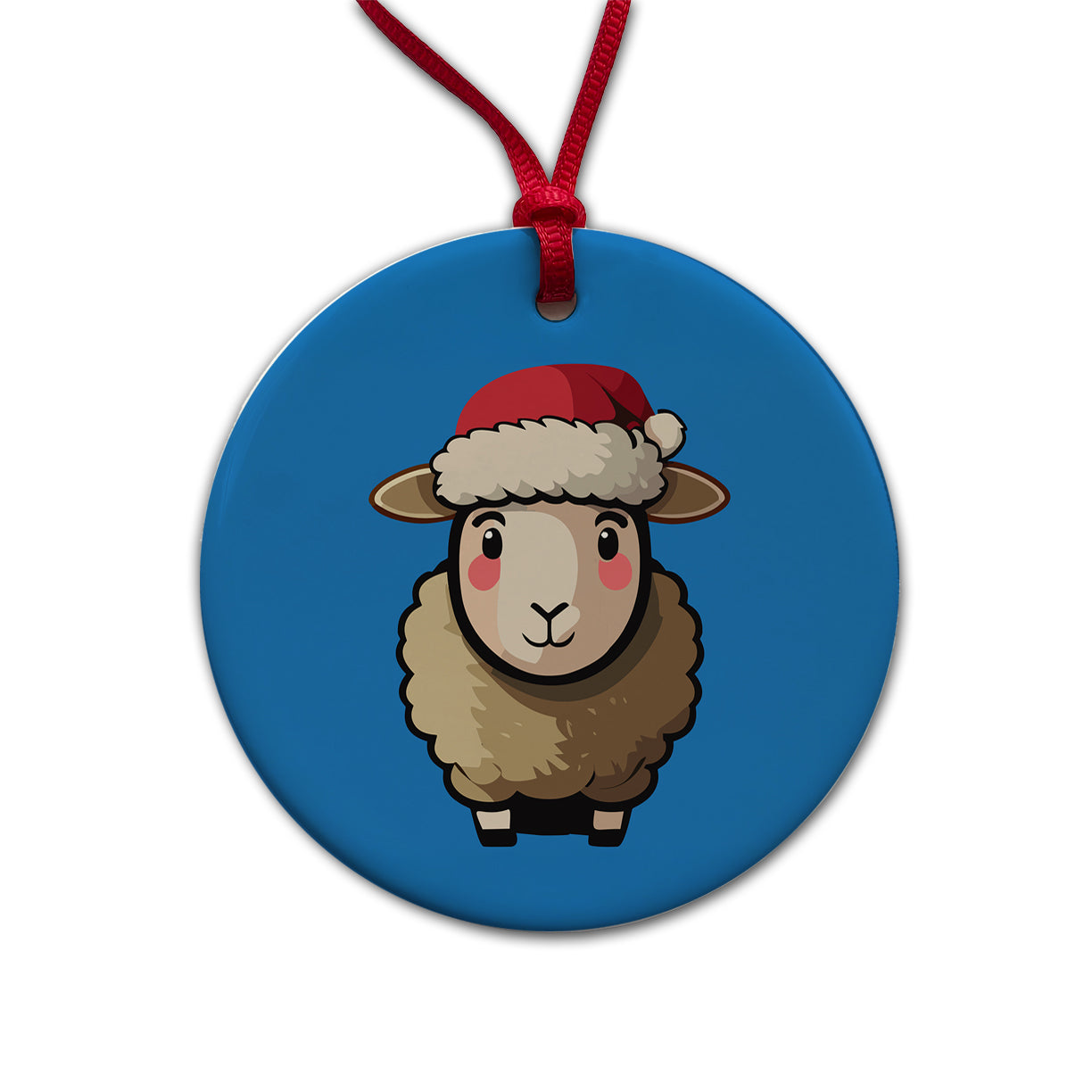 Sheep Christmas Santa Hat Round Ceramic Holiday Christmas Tree Ornament