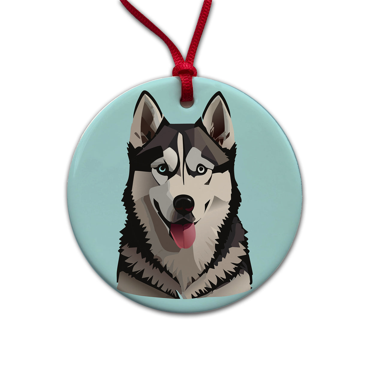 Siberian Husky Dog Tongue Out Round Ceramic Holiday Christmas Tree Ornament