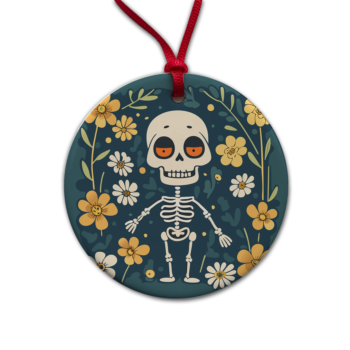 Skeleton and Flowers Funny Halloween Round Ceramic Holiday Christmas Tree Ornament