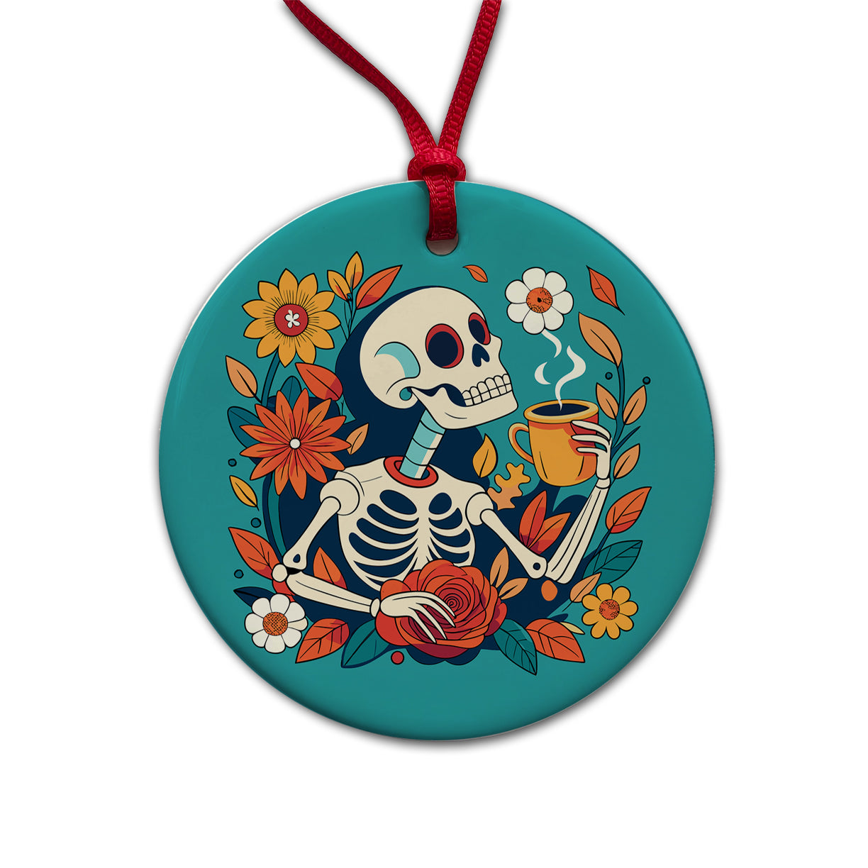 Skeleton Drinking Coffee Funny Floral Flowers Round Ceramic Holiday Christmas Tree Ornament