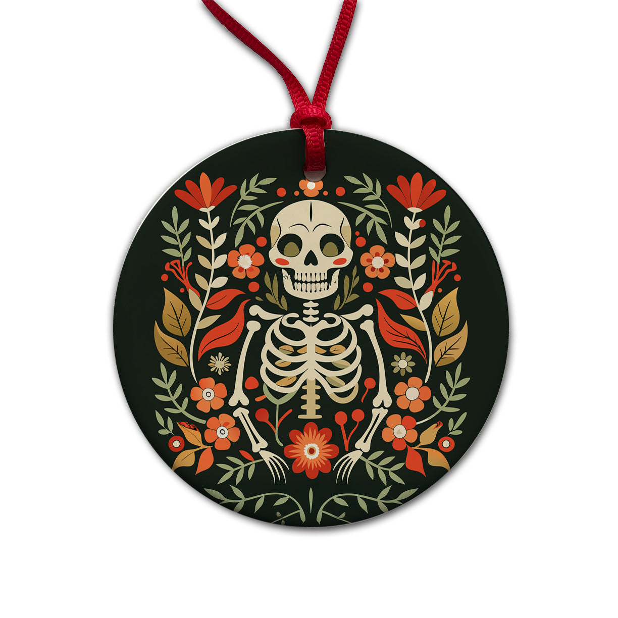 Skeleton Floral Flowers Round Ceramic Holiday Christmas Tree Ornament