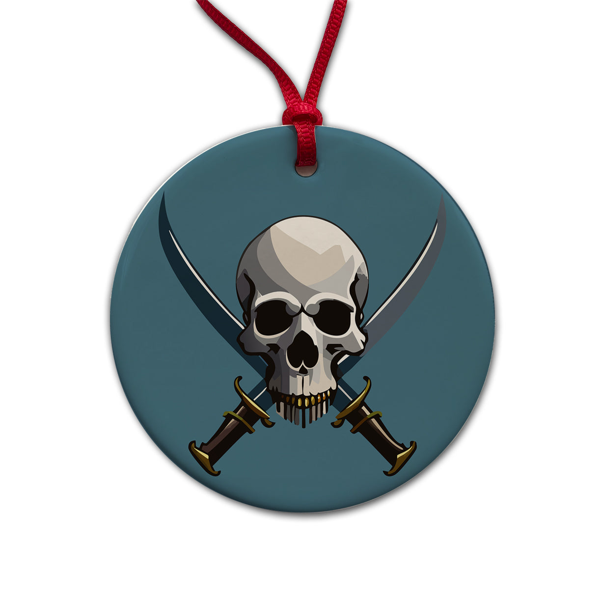 Skull Pirate Crossed Swords Round Ceramic Holiday Christmas Tree Ornament