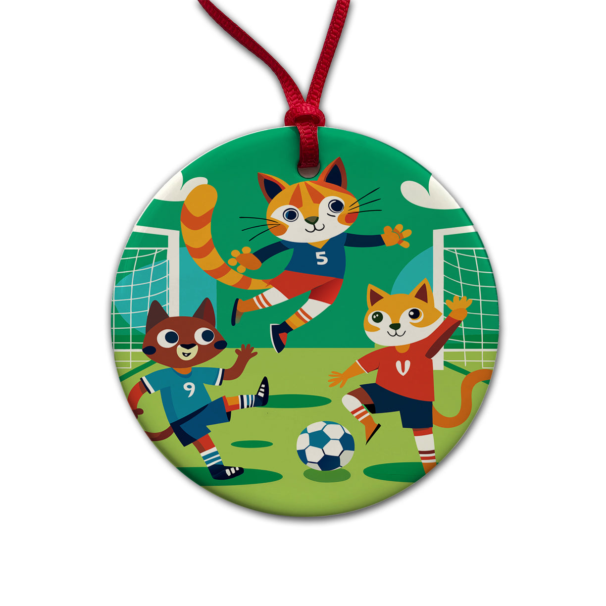 Soccer Cats Playing Ball Field Round Ceramic Holiday Christmas Tree Ornament
