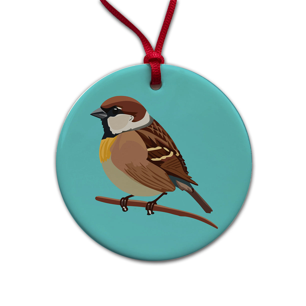 Sparrow Bird on Branch Round Ceramic Holiday Christmas Tree Ornament