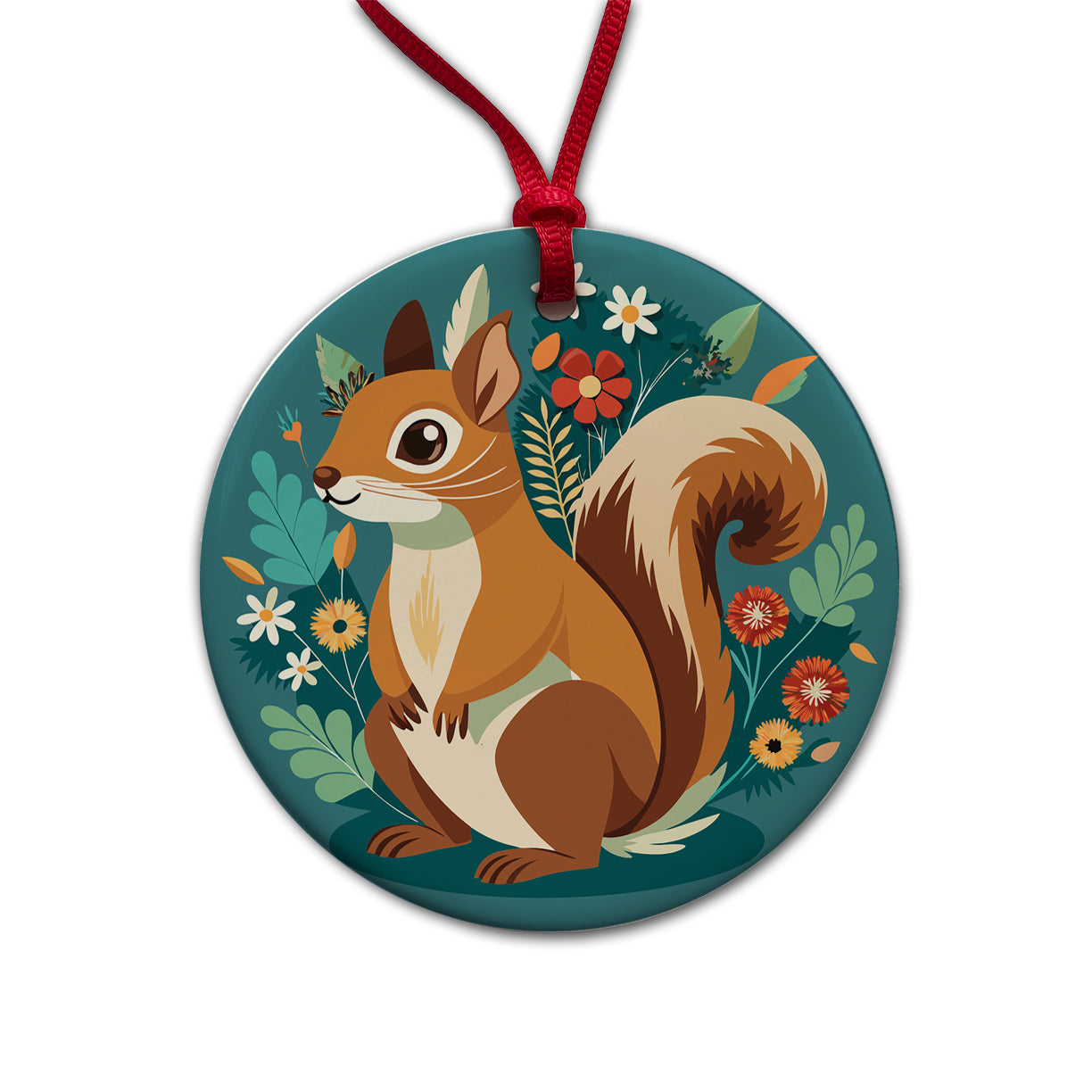 Squirrel Floral Flowers Round Ceramic Holiday Christmas Tree Ornament