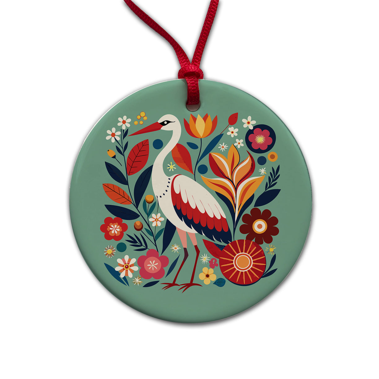Stork Bird Floral Flowers Round Ceramic Holiday Christmas Tree Ornament