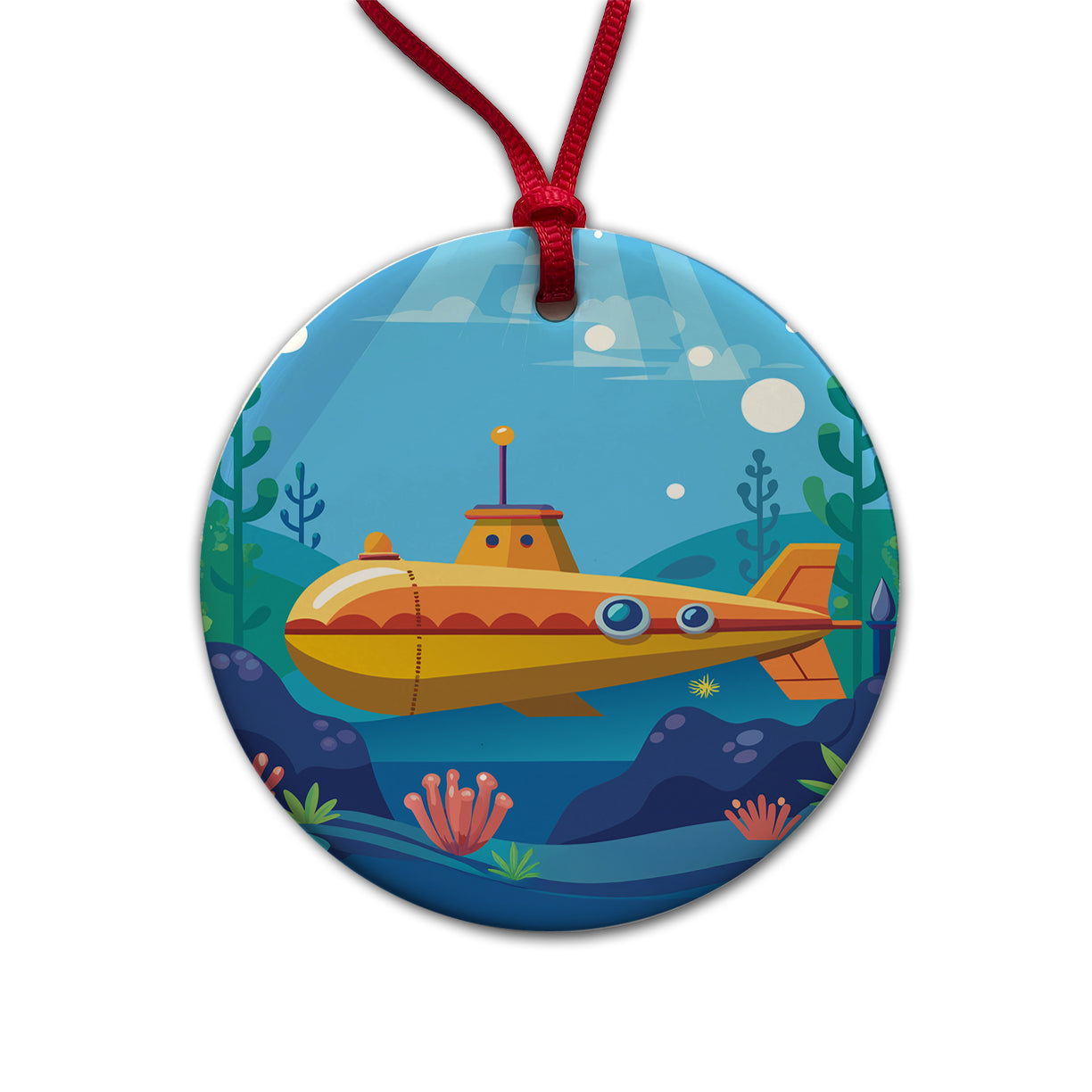 Submarine Under Water Round Ceramic Holiday Christmas Tree Ornament