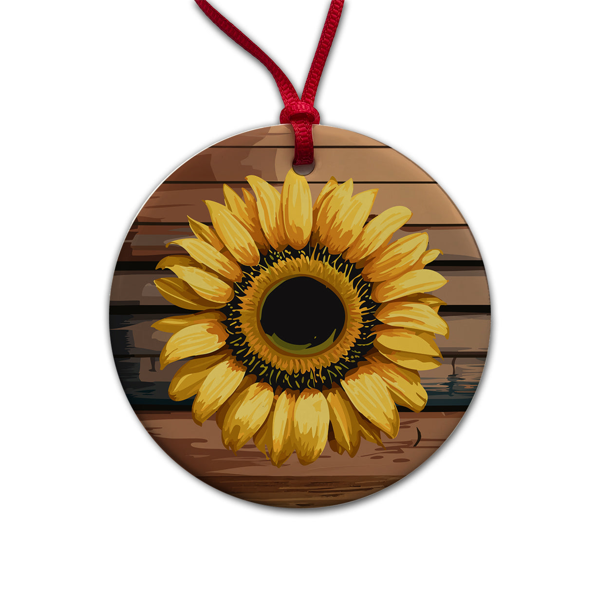 Sunflower Flower Vintage Barnwood Round Ceramic Holiday Christmas Tree Ornament