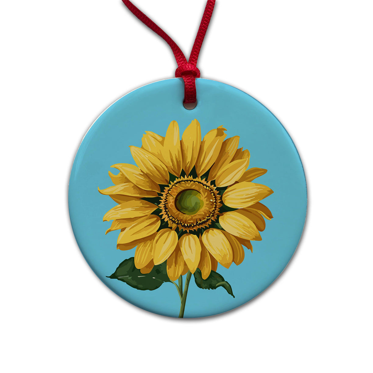 Sunflower Summer Flower with Stem Round Ceramic Holiday Christmas Tree Ornament