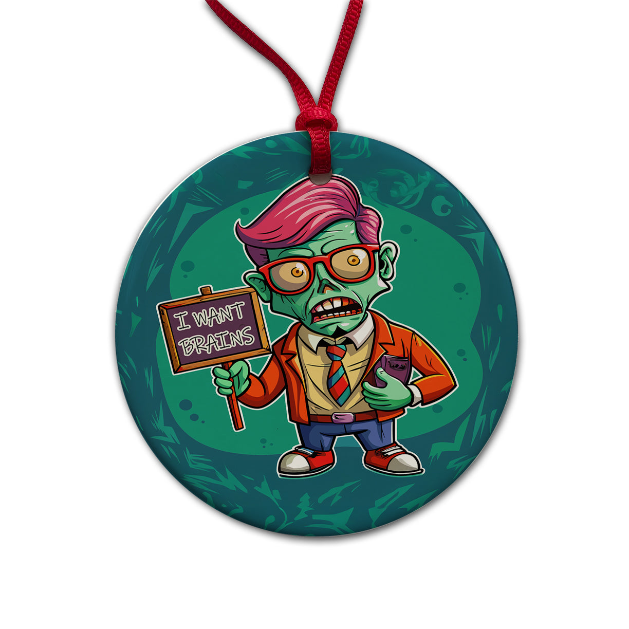 Teacher Zombie Man I Want Your Brains Round Ceramic Holiday Christmas Tree Ornament