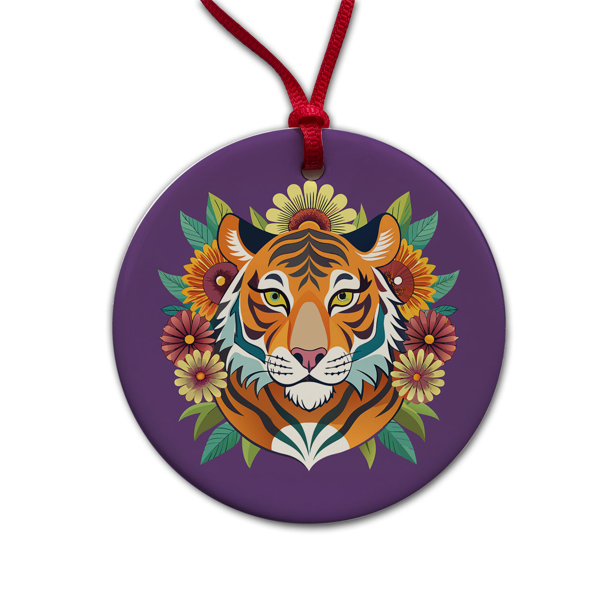 Tiger Head Floral Flowers Round Ceramic Holiday Christmas Tree Ornament