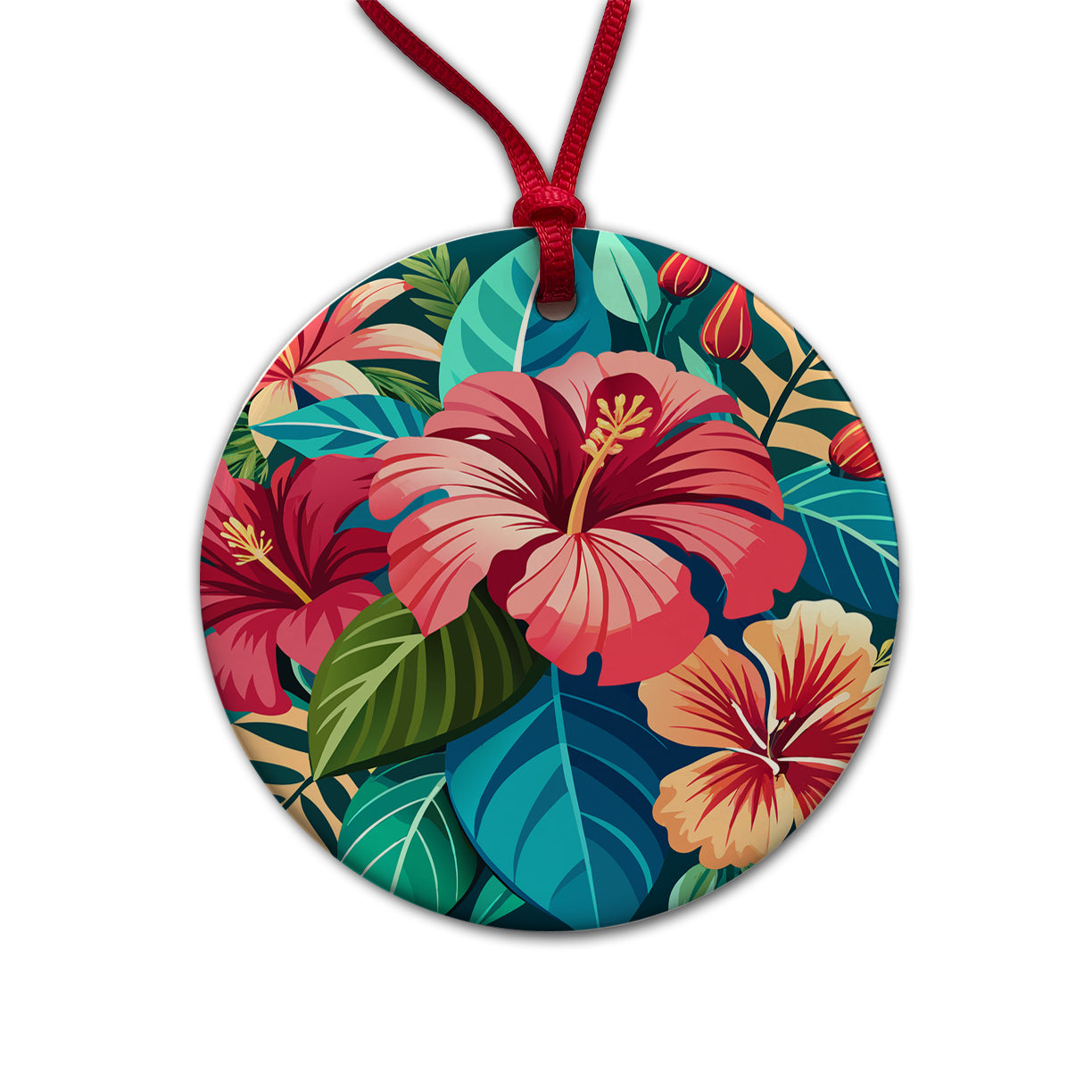 Tropical Flowers Hibiscus Round Ceramic Holiday Christmas Tree Ornament