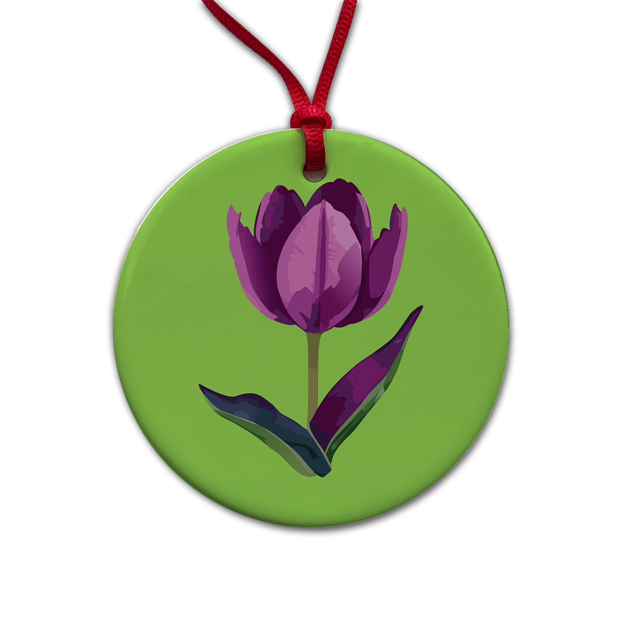 Tulip Flower Purple Watercolor Round Ceramic Holiday Christmas Tree Ornament