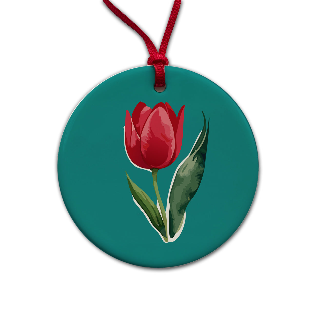Tulip Flower Red Watercolor Round Ceramic Holiday Christmas Tree Ornament
