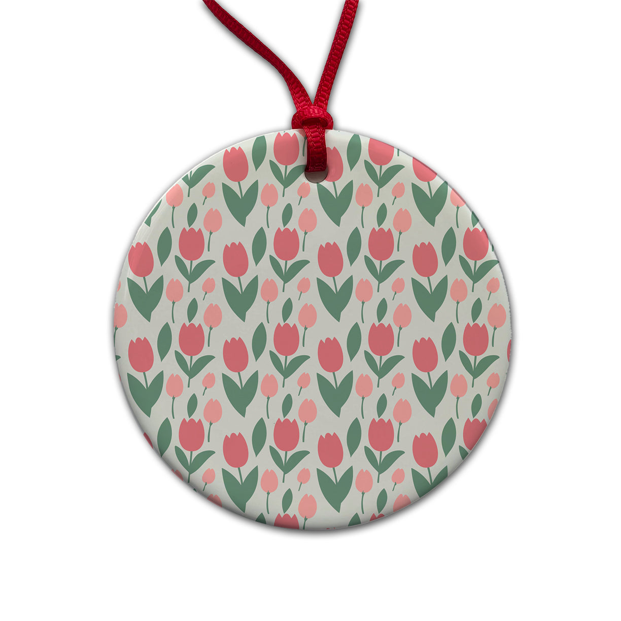 Tulips Pink Flowers Muted Pattern Round Ceramic Holiday Christmas Tree Ornament