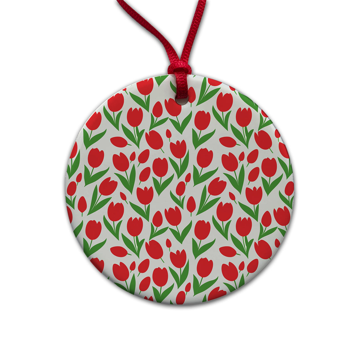 Tulips Red Flowers Pattern Round Ceramic Holiday Christmas Tree Ornament