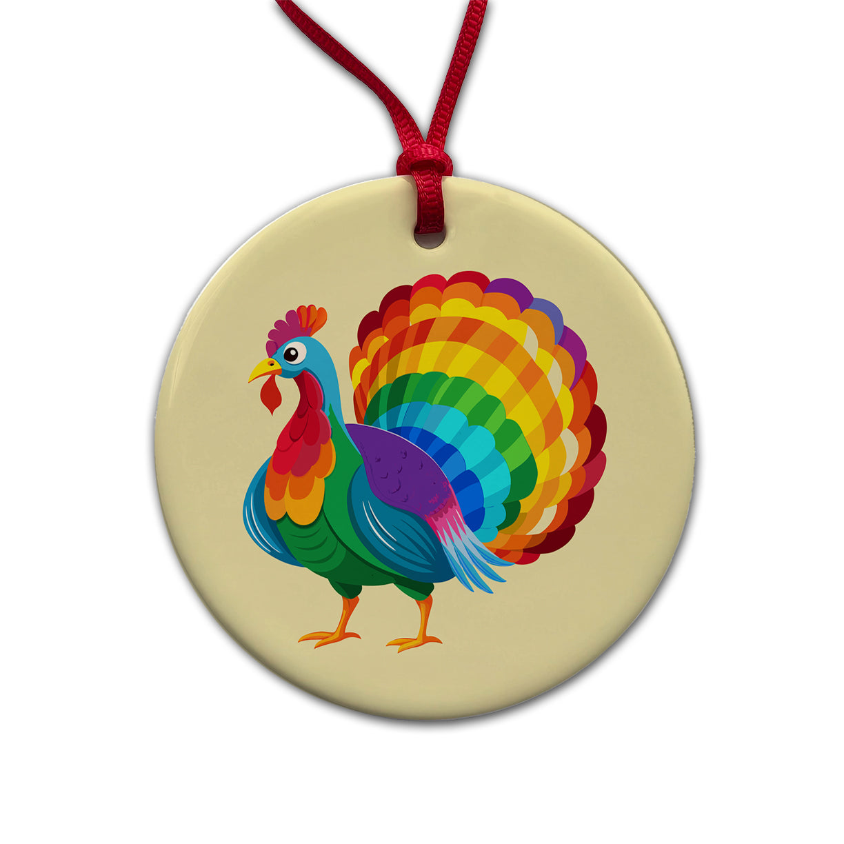 Turkey Rainbow Colored Thanksgiving Round Ceramic Holiday Christmas Tree Ornament