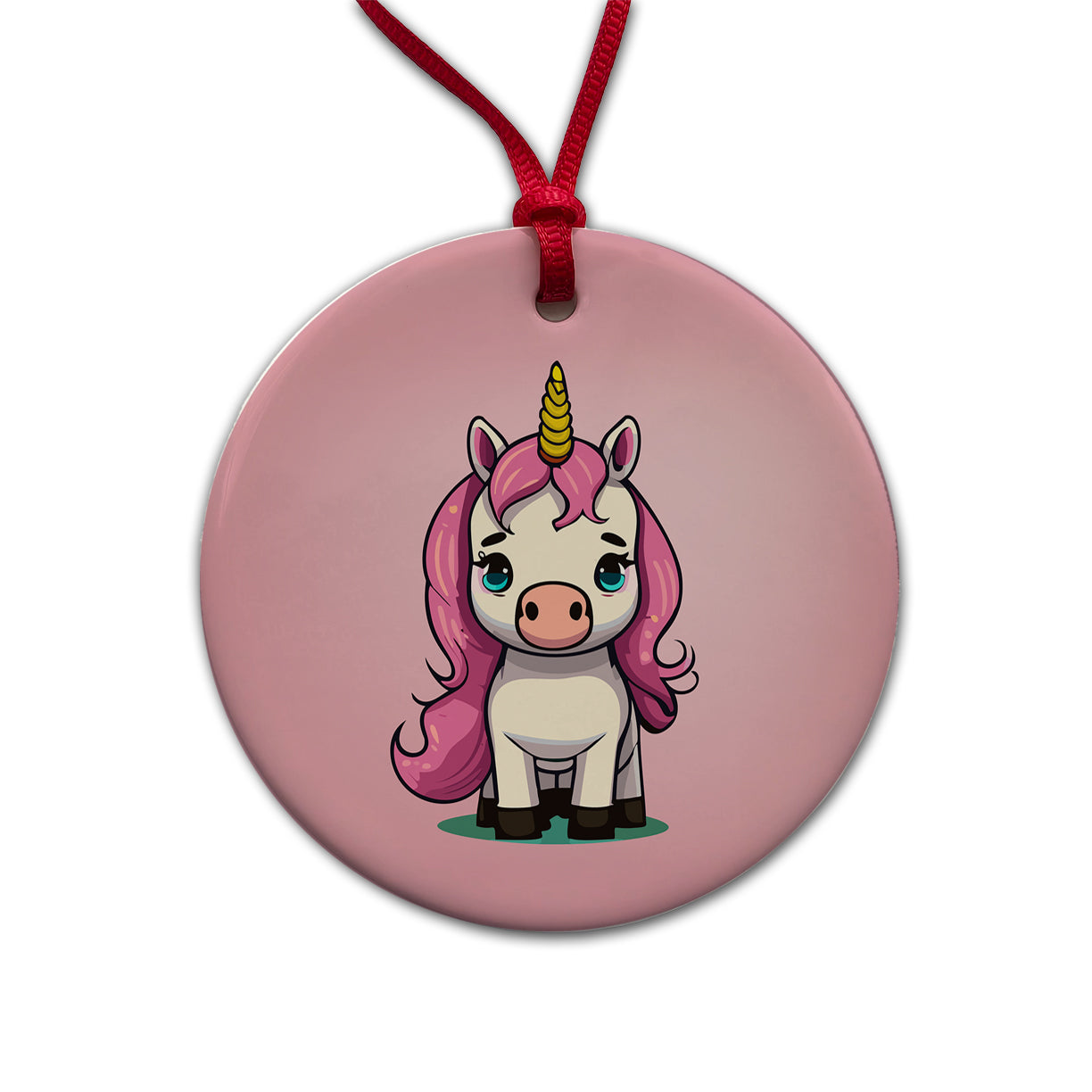 Unicorn Chibi Pink Hair Round Ceramic Holiday Christmas Tree Ornament